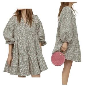 H&M Women’s Babydoll Peasant Dress SZ M 100% Cotton Ditsy Floral Balloon Sleeves